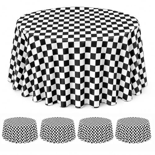 Image of 4 Pack Black and White Checkered Round Tablecloths, 84 Inch Plastic Covers