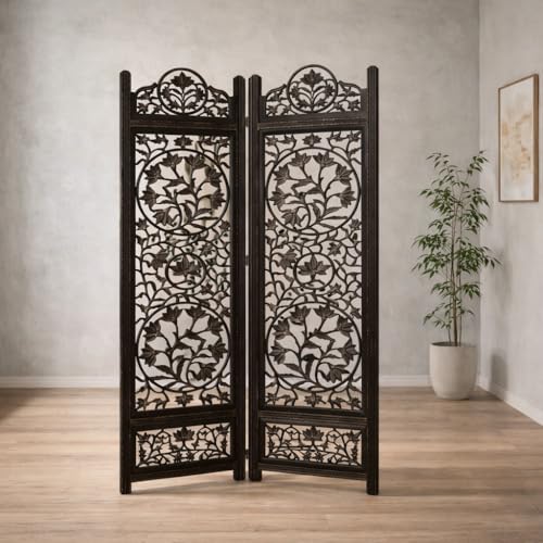 Image of Wooden Room Divider Decorative Foldable Privacy Screen Hand Carved Partition for Living Room Bedroom Office Decor (6 Feet 2 Panel Dark Brown Each Panel Size 72X20 Inch)