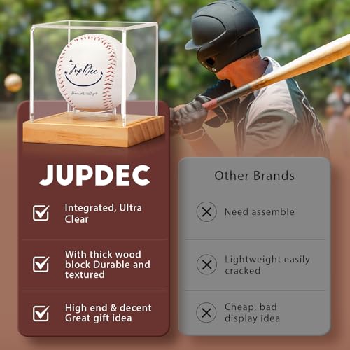 Image of Baseball Display Case, Clear Cube Baseball Holder with Wooden Base, Autograph Baseball Stand Box for Single Ball, Pine Wood, 2 Pack