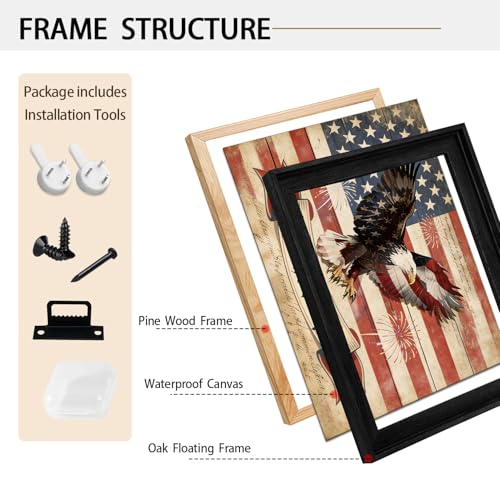 Image of American Flag Framed Canvas Wall Art, 4th of July Red White Blue Canvas Prints, USA Flag with Bald Eagle Patriotic Decorations, Vintage Independence Day Wall Decor for Bedroom Living Room 24x32