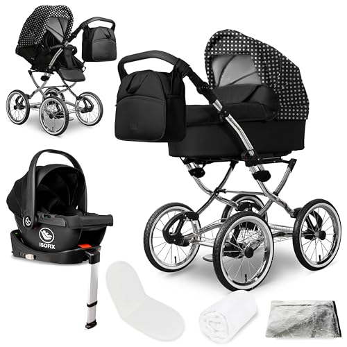 Bergsteiger Venedig Nostalgie Kombikinderwagen 4-in-1 – Babywanne, Sportsitz, i-Size Babyschale & Isofix-Station, Luftreifen, höhenverstellbar, faltbar, Zubehör