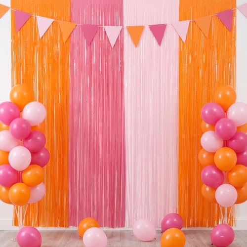 Image of TONIFUL 2Pcs Orange Pink Metallic Tinsel Foil Fringe Curtains Streamers