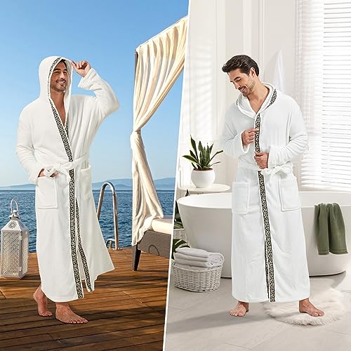 Image of FashGudim Mens Robes Big and Tall with Hood Two-Tone Flannel Fleece Contrast Bathrobe Full Length Plush Long Robe House Coat