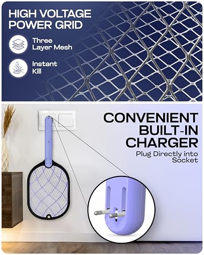 Image of Weird Wolf Mosquito Killer Racket with Built-in Charging Plug | 1200mAh Lithium Battery | Rechargeable Electric Mosquito Bat | 6 Month Warranty | Purple