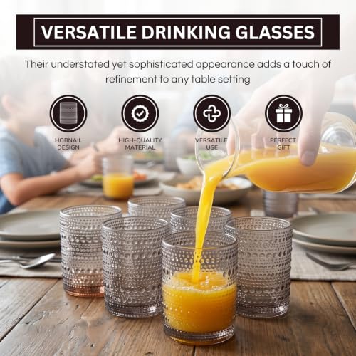 Image of Khen Beaded Tumbler Drinking Glasses Set | Set of 6 | Vintage Hobnail 11 OZ Bubble Design Whiskey Glassware, Old-Fashioned, Embossed Design Glass for Water, Wine, Cocktail HAND WASH ONLY (Grey)