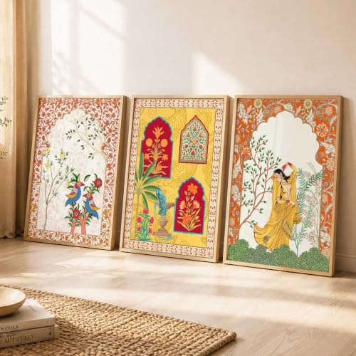 Image of kotart Indian Traditional Madhubani Wall Art Painting With Frame | Paintings Home Decoration For Living Room Bed Room Hotel Wall Decor Digital Reprint Set of 3 (35x37 Inch)