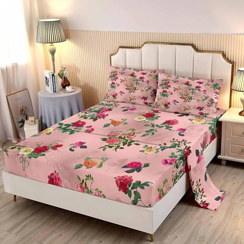 LUVIVIHOME 4PCS Floral Sheets Set, Queen Bed Sheets, Pink Sheets, Girls Bedding, Red Rose Peony Green Plant Botanical Cottagecore Flower Bedding Set, 1 Fitted Sheet & 1 Flat Sheet with 2 Pillowcases