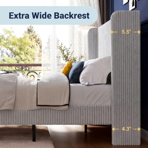 Image of Allewie Full Size Platform Bed with Corduroy Wingback Headboard, Light Grey