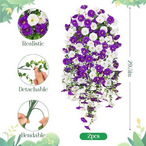 Image of Bassion 2 Packs Artificial Hanging Flowers for Outdoors, Purple White