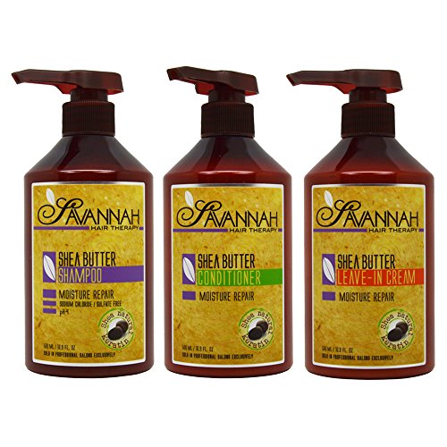 Savannah Hair Therapy 3 Bottles: Shea Butter Shampoo + Conditioner + Leave-in Cream, Moisture Repair, Cotton and Silk Protein for Dry and Damaged Hair. Sodium Chloride and Sulfate Free. 16.9 oz X 3