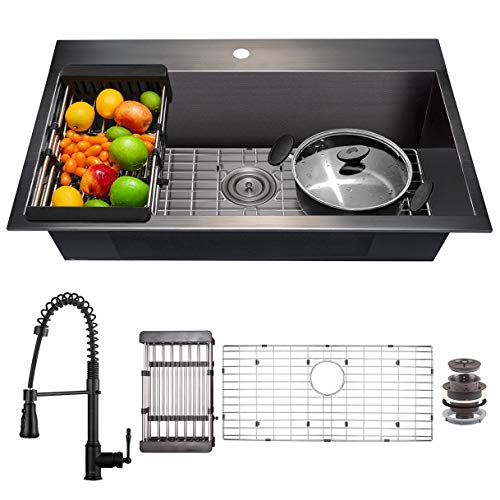 AKDY Matte Black Kitchen Sink and Faucet Combo, 33-inch Drop-in Single Bowl Stainless Steel Sink 33\"x22\"x9\" with Spring Neck Faucet & Sink Accessories