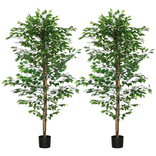 HOMCOM Lot de 2 Plantes artificielles Arbres artificiels ficus Hauteur 1,80 m Tronc Branches Liane Lichen Feuilles Grand réalisme Pot Inclus, intérieur, Vert