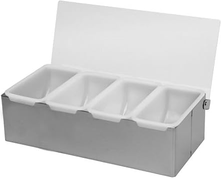 TrueCraftware 4 Compartment Condiment Dispenser Garnish Tray Bar Caddy Stainless Steel Body with Acrylic Hinged White Color Lid - Condiment Server Caddy Garnish Holder Bar Accessories Fruit Salad