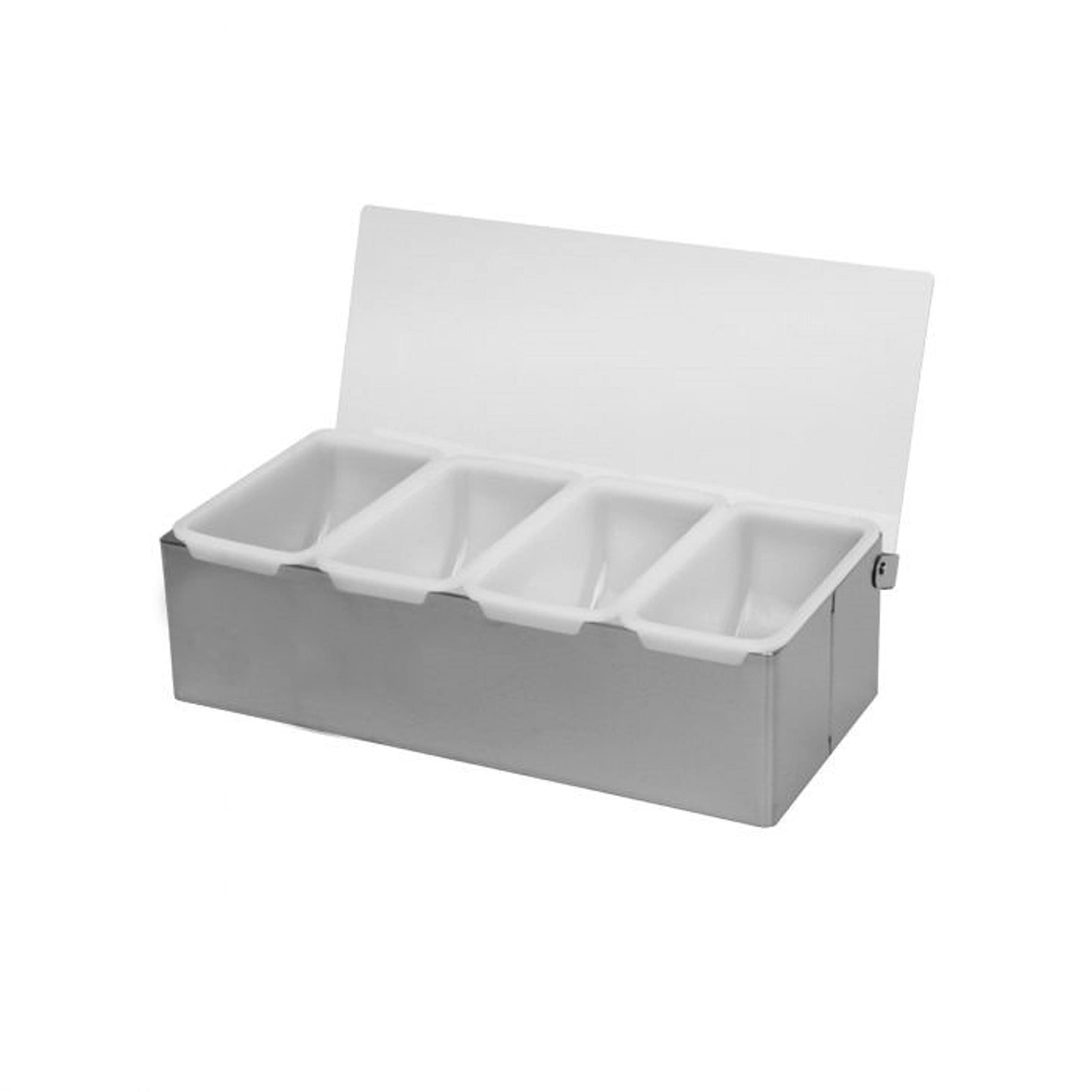 TrueCraftware 4 Compartment Condiment Dispenser Garnish Tray Bar Caddy Stainless Steel Body with Acrylic Hinged White Color Lid - Condiment Server Caddy Garnish Holder Bar Accessories Fruit Salad