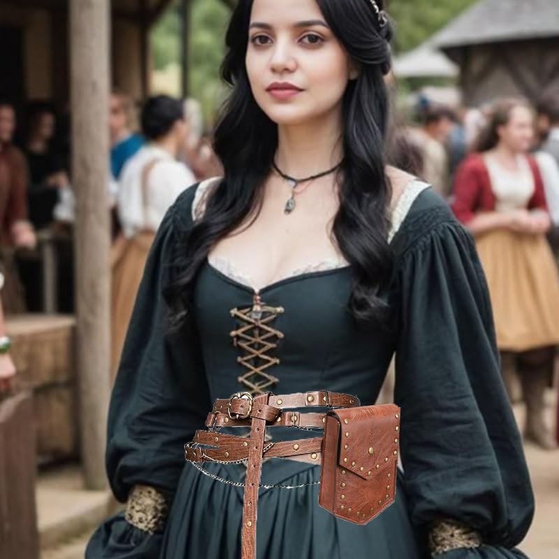 2pcs DIY Medieval Accessories, Faux Leather Metal Chain Belt, Vintage Adjustable Thin Belt for Women, Renaissance Bag2