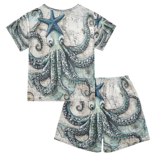 ALAZA Compass Octopus Kraken Starfish World Map Pajamas Set Short Sleeve Cotton Sleepwear Summer Pjs 2 Piece 5-14Y2
