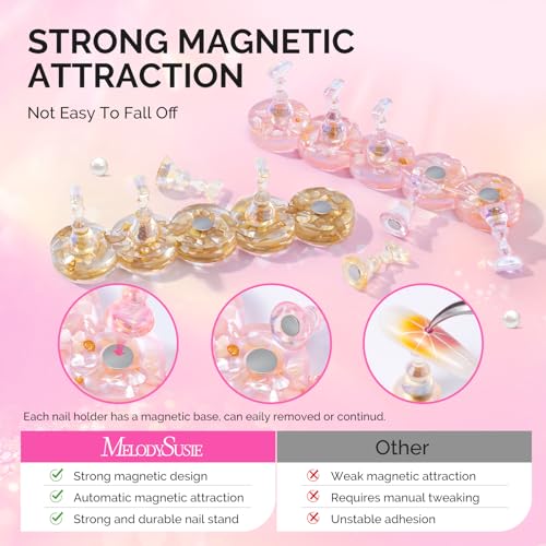 Image of MelodySusie Nail Stand for Press Ons, Round Shell Acrylic Magnetic Base for Painting Display with Brush Holder and 100 Pcs Reusable Double-Sided Tape for Home DIY Salon Supplies