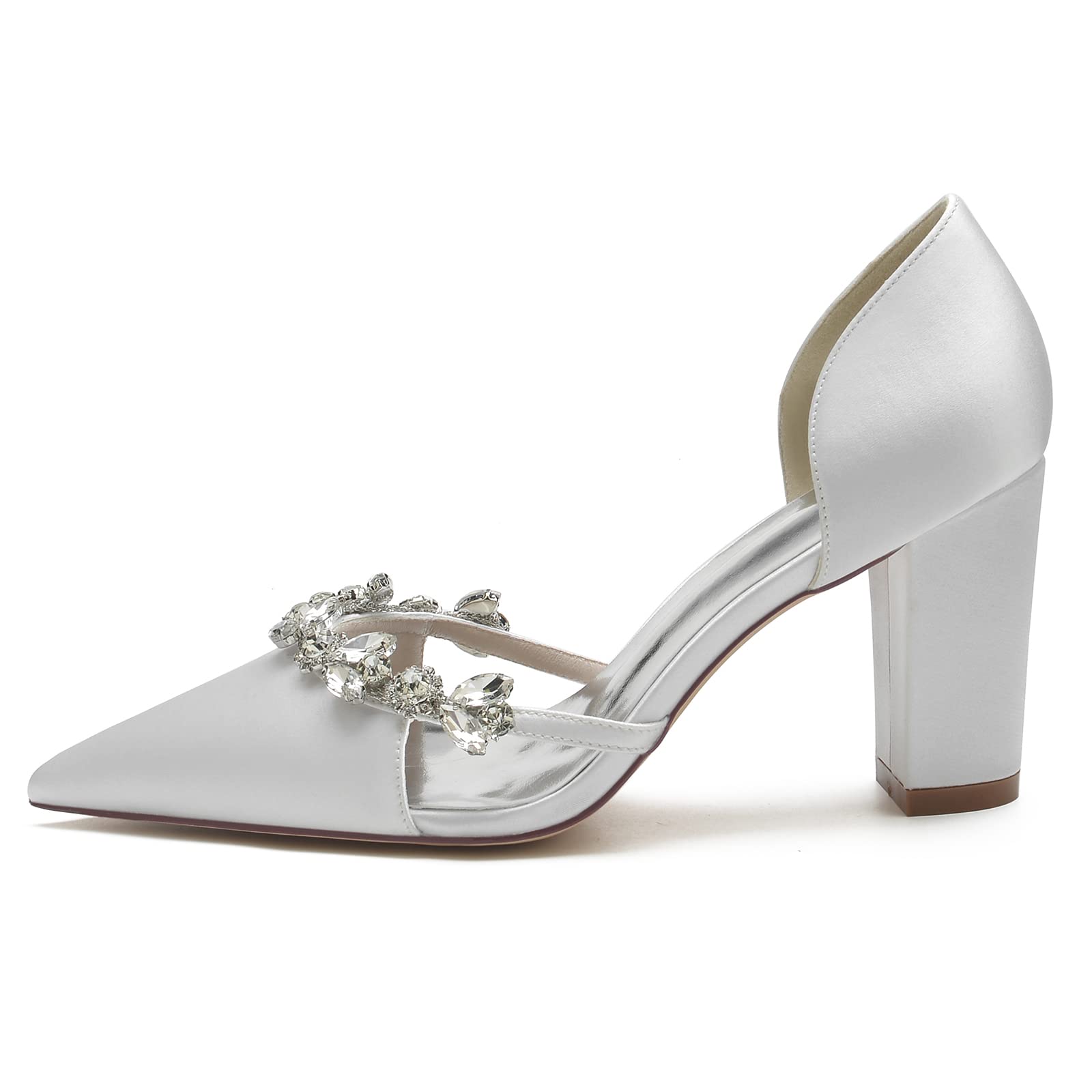 Scarpe da sposa con tacco a punta con strass, in raso, comode, con strass, da sposa, da sera, ballo di fine anno, feste, scarpe décolleté