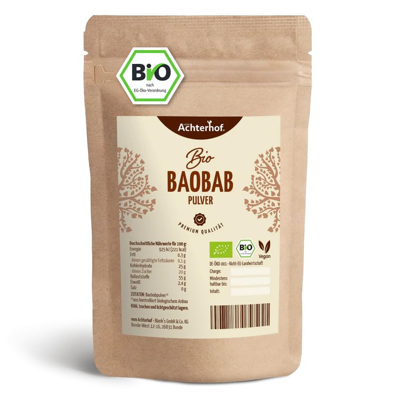 Baobab Pulver Bio | 500g | Affenbrotbaum Fruchtpulver | 100% reines Baobabpulver | für Müsli Smoothie Joghurt Salatdressing oder Desserts | vom Achterhof
