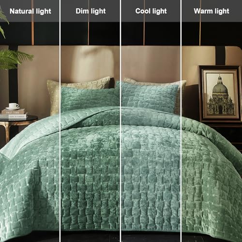 Powdion Velvet Quilt Queen Size, Oversized Bedspread Coverlet Quilted Bedding Set, Full Lightweight Velvet Comforter Set Luxury Coverlet Set for All Season with 2 Pillow Shams, Aqua Green