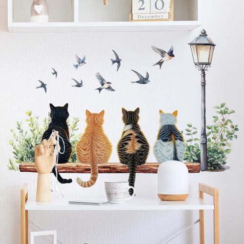 ウォールステッカー 猫と鳥 街灯 北欧インテリア かわいい 猫 鳥 壁装飾シール 防水 はがせる 壁シール リビング 子ども部屋 壁デコ 寝室 子供部屋 保育園 DIY 壁紙 38.9cm×29.2cm [3]