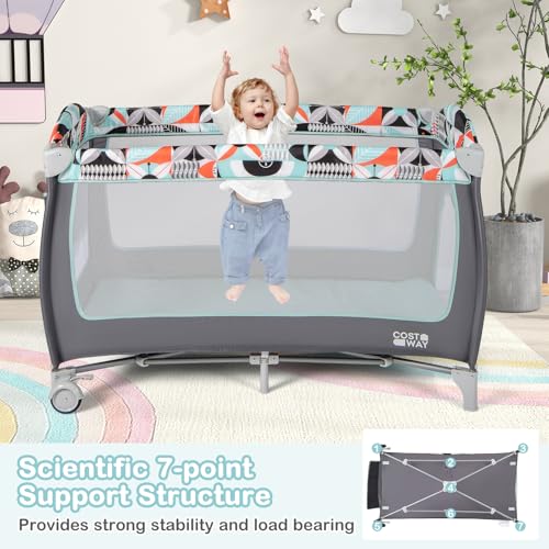 COSTWAY 4 in 1 Foldable Travel Cot, Portable Baby Bed Playard with Bassinet, Changing Table, Canopy, Music Box, Wheels, Carry Bag, Storage Rack, Nursery Center for Newborn Toddlers (Dark Gray+Floral) 7 COSTWAY 4 in 1 Foldable Travel Cot, Portable Baby Bed Playard with Bassinet, Changing Table, Canopy, Music Box, Wheels, Carry Bag, Storage Rack, Nursery Center for Newborn Toddlers (Dark Gray+Floral) - Image 7