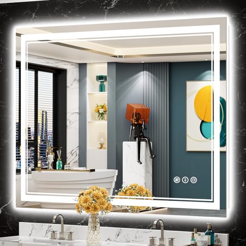 Image of 48x36 LED Bathroom Mirror with Lights, Backlit and Front Lit Anti-Fog Lighted Vanity Mirrors for Bathroom Wall, Dimmable, 3-Color Light, Memory, Shatter-Proof, HD Tempered Glass, CRI>90