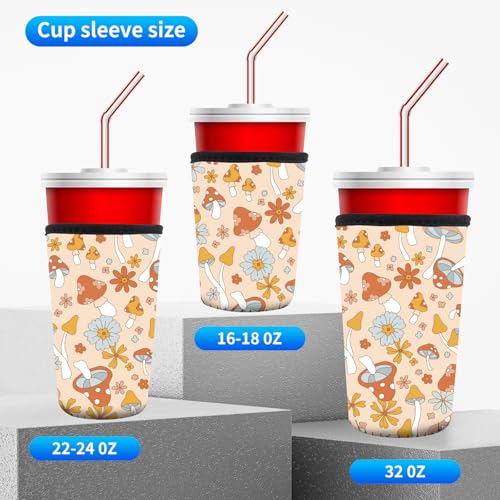 Image of 3 Pack Reusable Neoprene Insulator Sleeve for Iced Coffee Cups, Funny Coffee Cup Sleeves for 16-32oz Coffee cups, Cute Drink Sleeve for Cold Hot Beverages Boho Mushroom