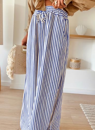 Image of Acelitt Women Casual Drawstring Elastic Waist Striped Wide Leg Pants with Pockets, S-XXL