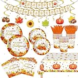 123 Thanksgiving Party Supplies Thanksgiving Themed Decorative Tableware Set with Tablecloth Banner Dessert Plates Cups Napkins And Cutlery Serves 20 Guests
