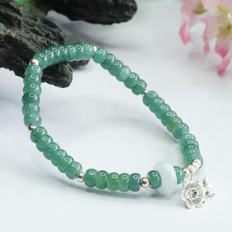 Bracciale in giada da donna, braccialetto con perline di abbaco d'acqua blu giadeite grado A ciondolo a forma giglio in argento S925, buona fortuna Fengshui for la meditazione yoga, 5 mm