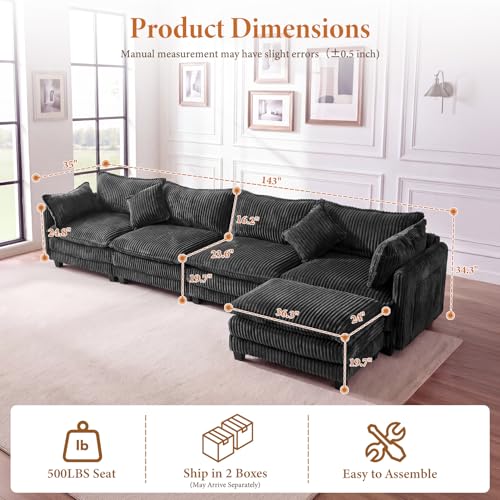 Image of Vesgantti 143 inch L Shaped Modular Sectional Couch, Comfy Corduroy Upholstered Cloud Couches for Living Room, Modern 3 Seater Sofa with Movable Ottoman & Throw Pillows, Charcoal Grey