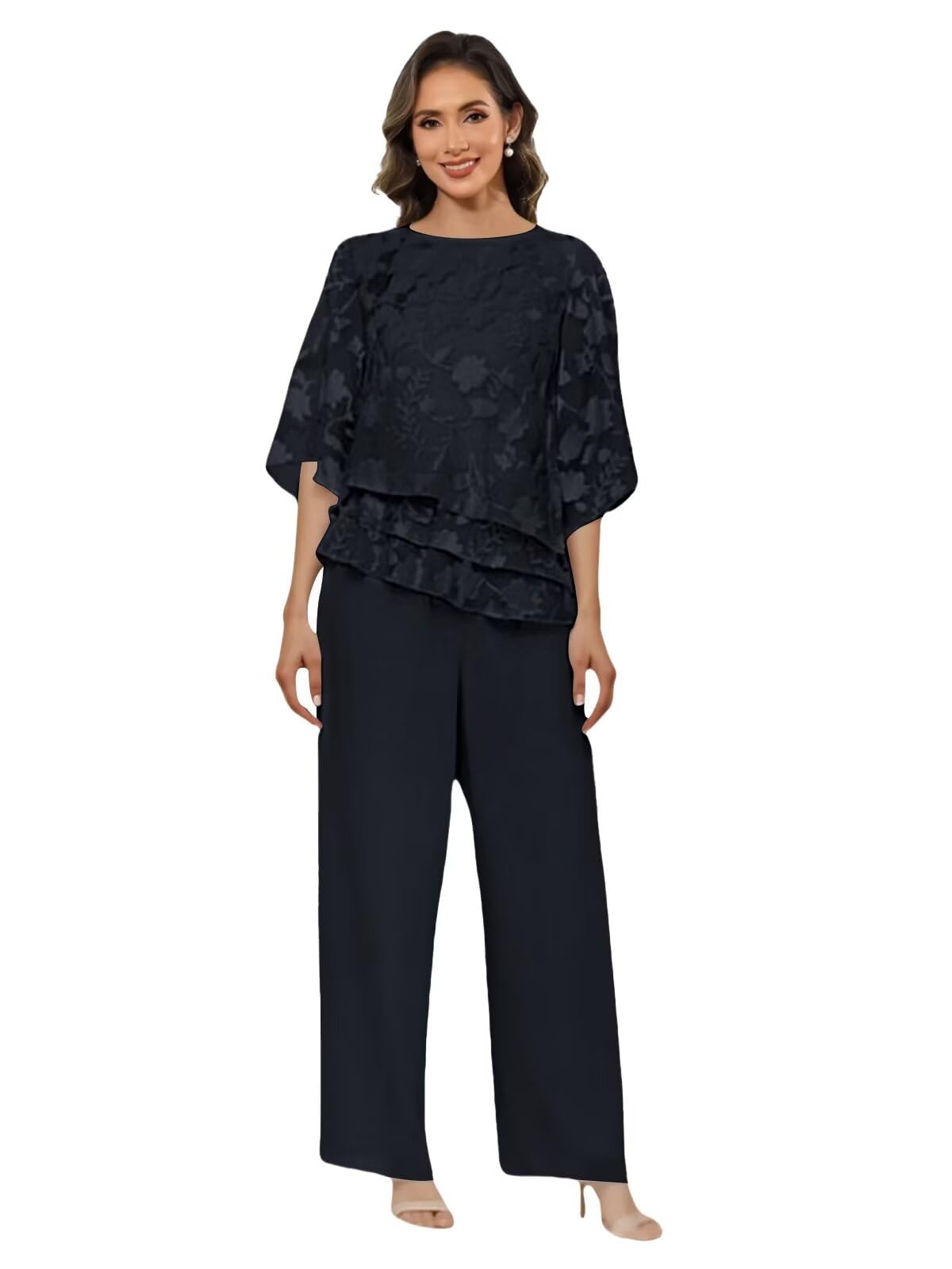 Plus Size Floral Black Mother of The Bride Pant Suits for Women 2 Piece Half Sleeve Formal Wedding
