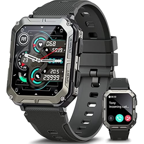 meoonley Military Rugged Smartwatch for Men,Sport Watch with Answer/Make Call IP68 1.83 inch Fitness Tracker Pedometer SpO2 for Outdoor Enthusiasts
