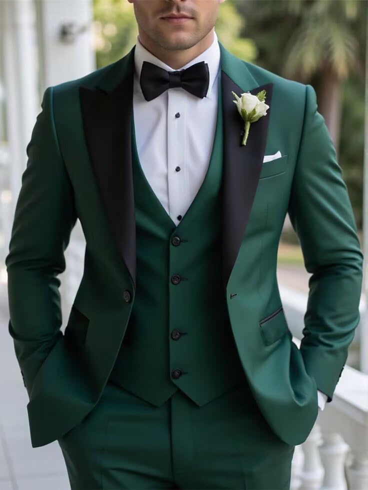 Mens Tuxedos 3 Piece Suit Slim Fit Groom Suits for Wedding Peak Lapel Single Breasted Blazer Vest Pants Set2