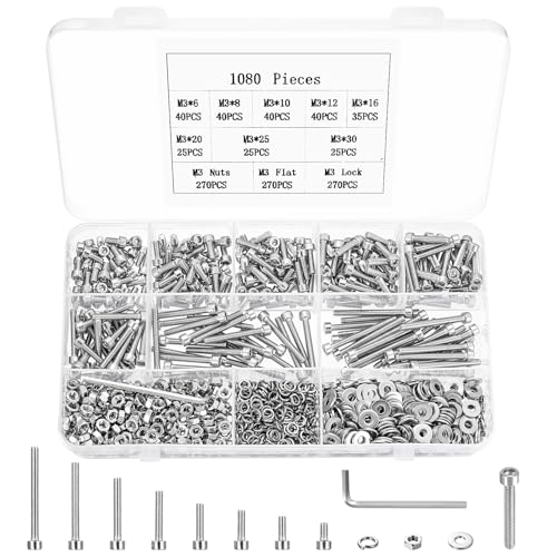 RunXinDa1080 Stück M3 Schrauben Muttern Sortiment Set: Edelstahl Maschinenschrauben Set mit Sechskant-, Zylinderkopf- und Innensechskant-Gewindeschrauben, inklusive Unterlegscheiben