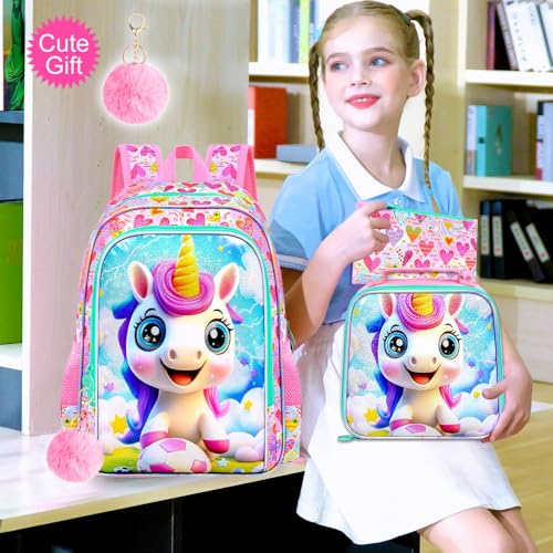 Image of 3Pcs Unicorn Backpack for Girls, 16 inch Soccer School Bookbag Set with Lunch Box,Kids Backpacks for Elementary Preschool Kindergarten (Pink)