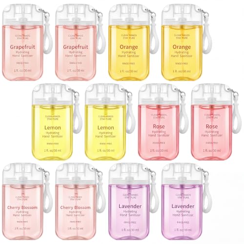 Image of Loopeer 12 Pack Mist Hand Sanitizer Spray Keychain Cute Mini Hand Sanitizer Travel Size Bulk 1oz Scent Moisturizing Back to School Teacher Gift for Classroom Gym Purse Backpack (White,Elegant)