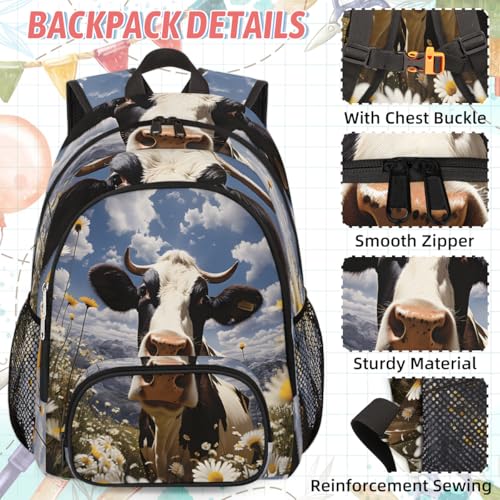 TropicalLife Cow Animals Daisy Backpack with Lunch Box Set, Back Pack and Lunch Bag Cow Animals Daisy Waterproof Casual Daypack Bag for Work Travel2