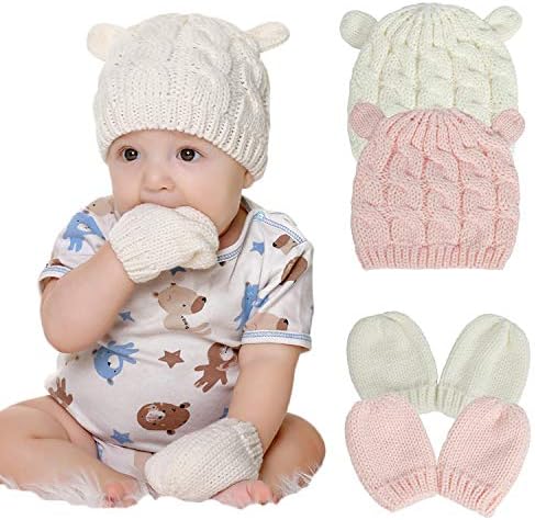 Newborn Winter Beanie Hat Gloves Set for Baby Girls Boys, Infant Toddler Warm Knitted Hat Gloves, Unisex-Baby Beanies (0-6 Months, Pink & White)