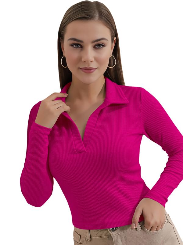 Image of Dream Beauty Fashion Women's Collared Neck Long Sleeve Slim Fit Casual Tee Top, 23 inch inches (Apple-01-P)