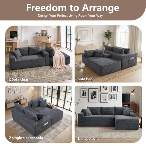 Image of 106.3 inch L Shaped Boneless Sectional Corduroy Couches for Living Room (Gray)