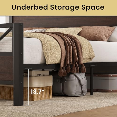 Image of LIKIMIO Queen Bed Frame, Tall Industrial Headboard 51.2 inch, Platform Bed Frame with Strong Metal Support, Solid and Stable, Noise Free, No Box Spring Needed, Easy Assembly, Dark Brown