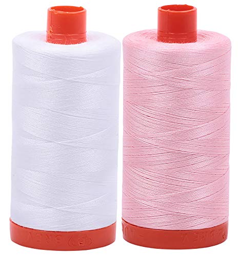 Aurifil Cotton Mako 50Wt Thread 2 Large Spools: White + Baby Pink (2024+2423) #TOP18