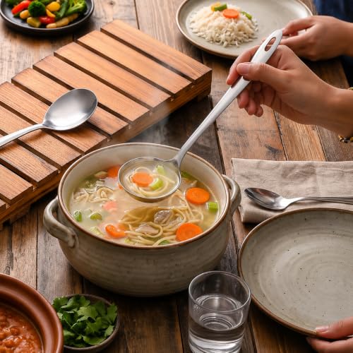 Image of Montavo by FnS 5 Pieces Stainless Steel Serving Spoon Set for Dining Table & Kitchen, Heavy Gauge, 1 Rice Spoon, 2 Soup Ladle (Karchi), 2 Solid Spoon (Chamcha, Spatula) Pack of 5