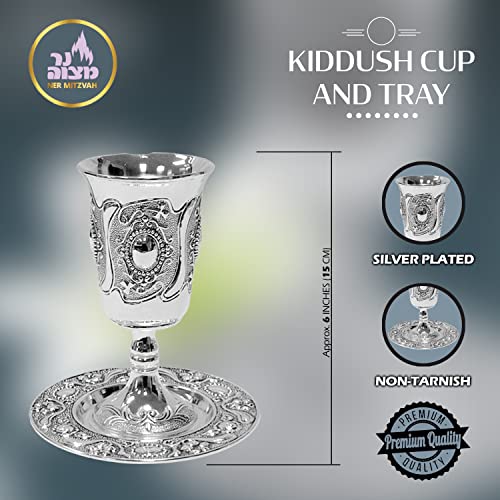 Ner Mitzvah Tall Kiddush Cup And Tray - Premium Quality Silver Plated Goblet With Stem - Shabbat And Havdalah Goblet - Judaica Shabbos And Holiday Gift #TOP2
