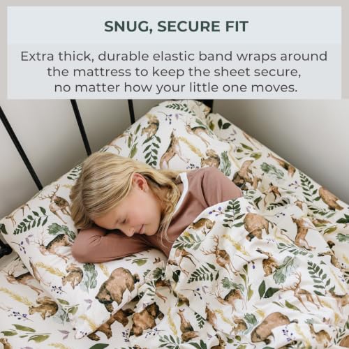 Image of Pobibaby Premium Twin Full Sheets Sets, Kids Double Bed Sheets in Cotton Blend | Ultra-Soft Woodland Camping Print with Fitted Sheet, Flat Sheet & Pillowcases (Full Wildlife Animal)