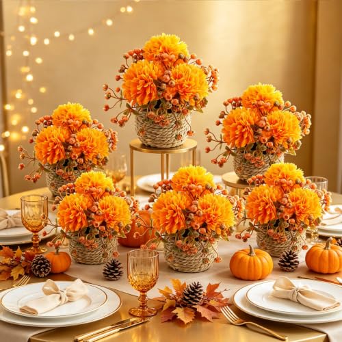 5 Pack Artificial Fall Flowers For Outdoors Fake Mums With Woven Basket Pot - image 5