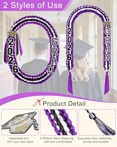 Image of Yigney Graduation Lei Set Class of 2026 Grad Ribbon Leis with Honor Cord Double Braided Graduate Leis for Men Women Purple Black White
