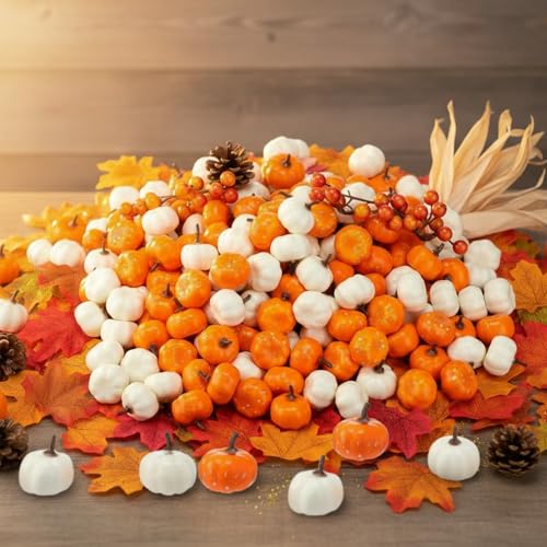 Thyle 400pcs Fall Decors Bulk -200 Pcs Mini Fake Pumpkins & 200 Pcs Fall Leaves Artificial Pumpkin Set Autumn Decor for Halloween Harvest Thanksgiving Baby Shower Wedding Decorations(White,Orange)